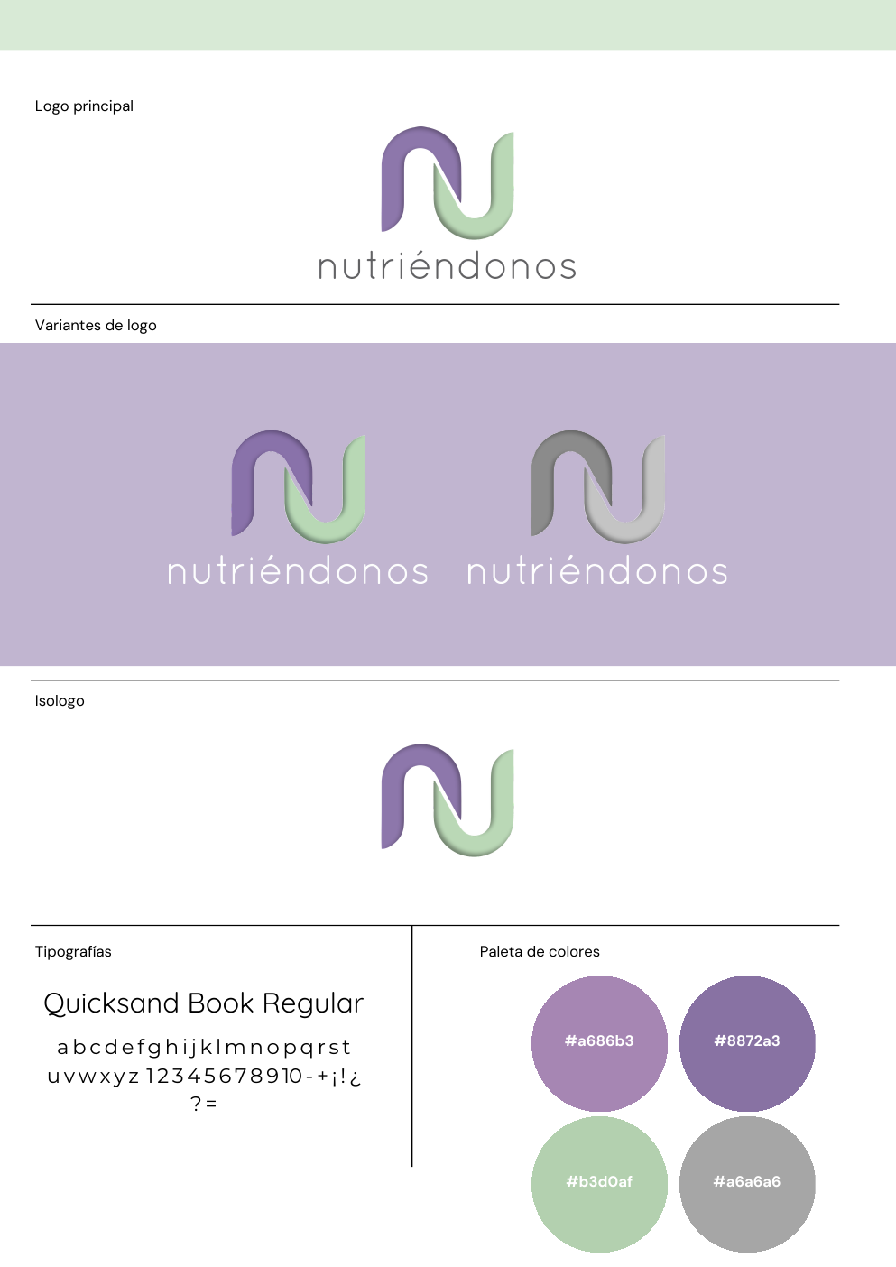 Página del manual de Nutriéndonos con el logo, sus variantes, tipografía y paleta de colores