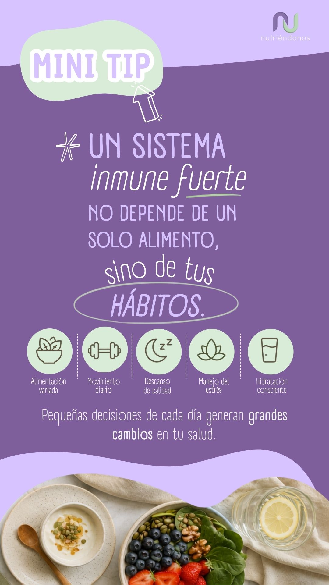Pieza educativa de Nutriéndonos sobre los hábitos que acompañan un sistema inmune fuerte