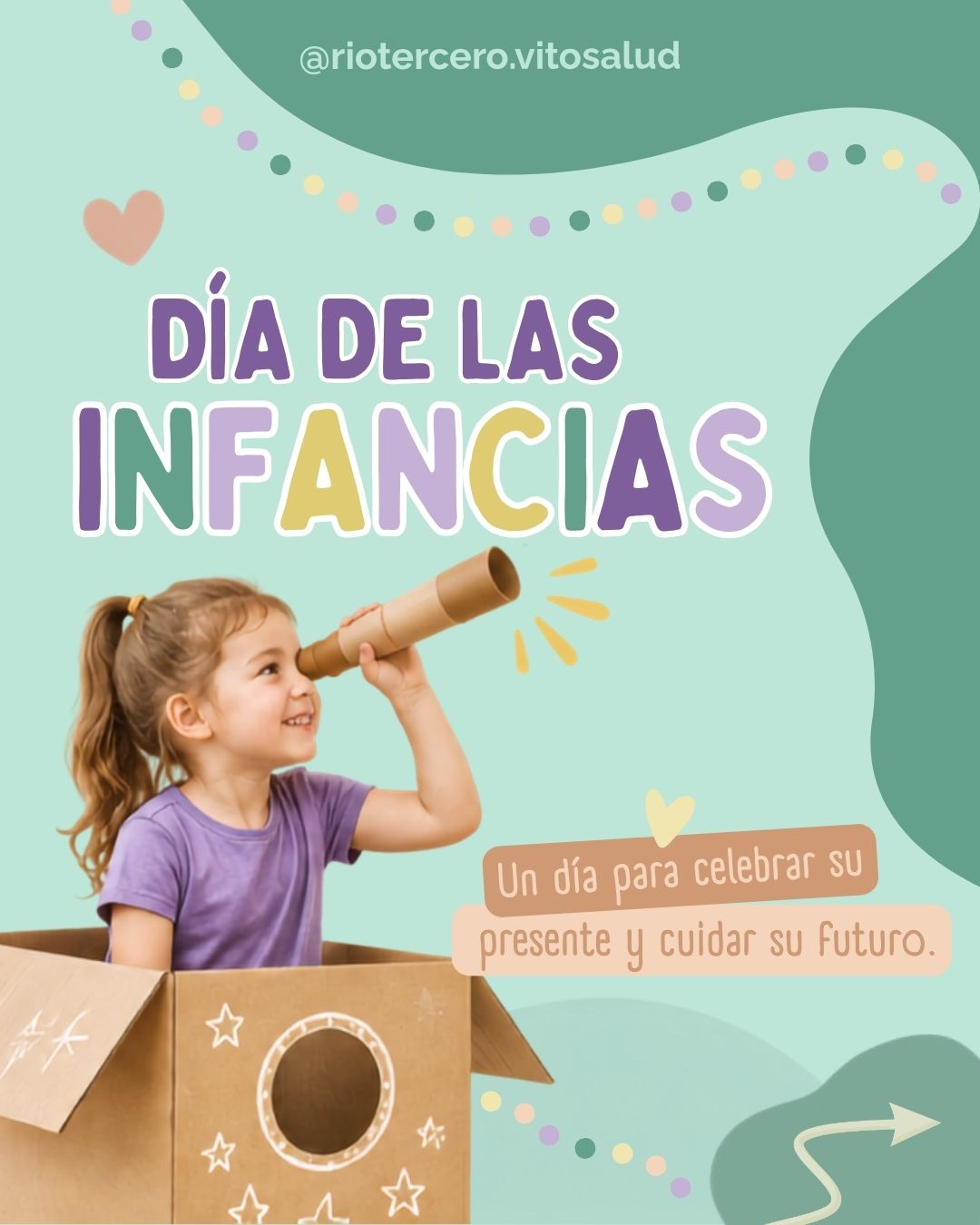 Pieza de Vito Salud por el Día de las Infancias con una niña jugando con un telescopio de cartón